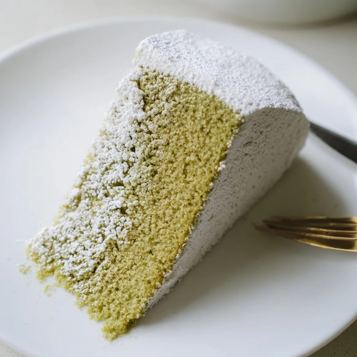 Green tea matcha cake bake slice topped with whipped cream for dessert