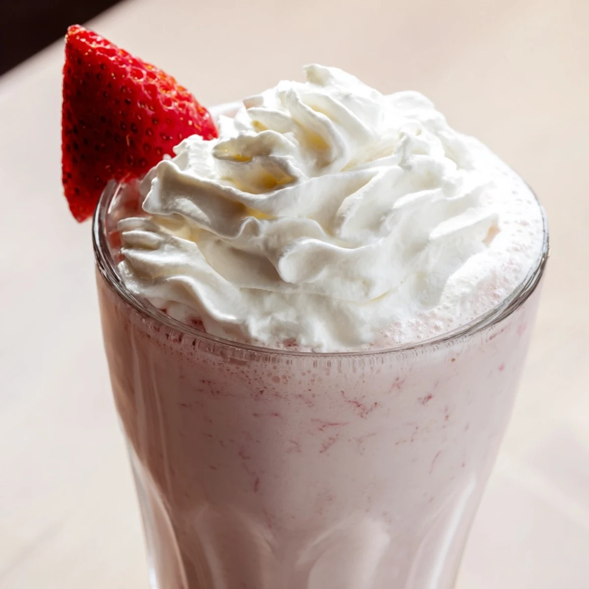 Close-up of delicious strawberry milkshake served with a straw and garnished with sweet whipped cream.