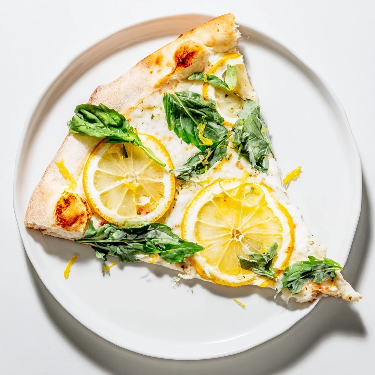 White pie drizzled with olive oil featuring thin lemon slices and peppery arugula garnish