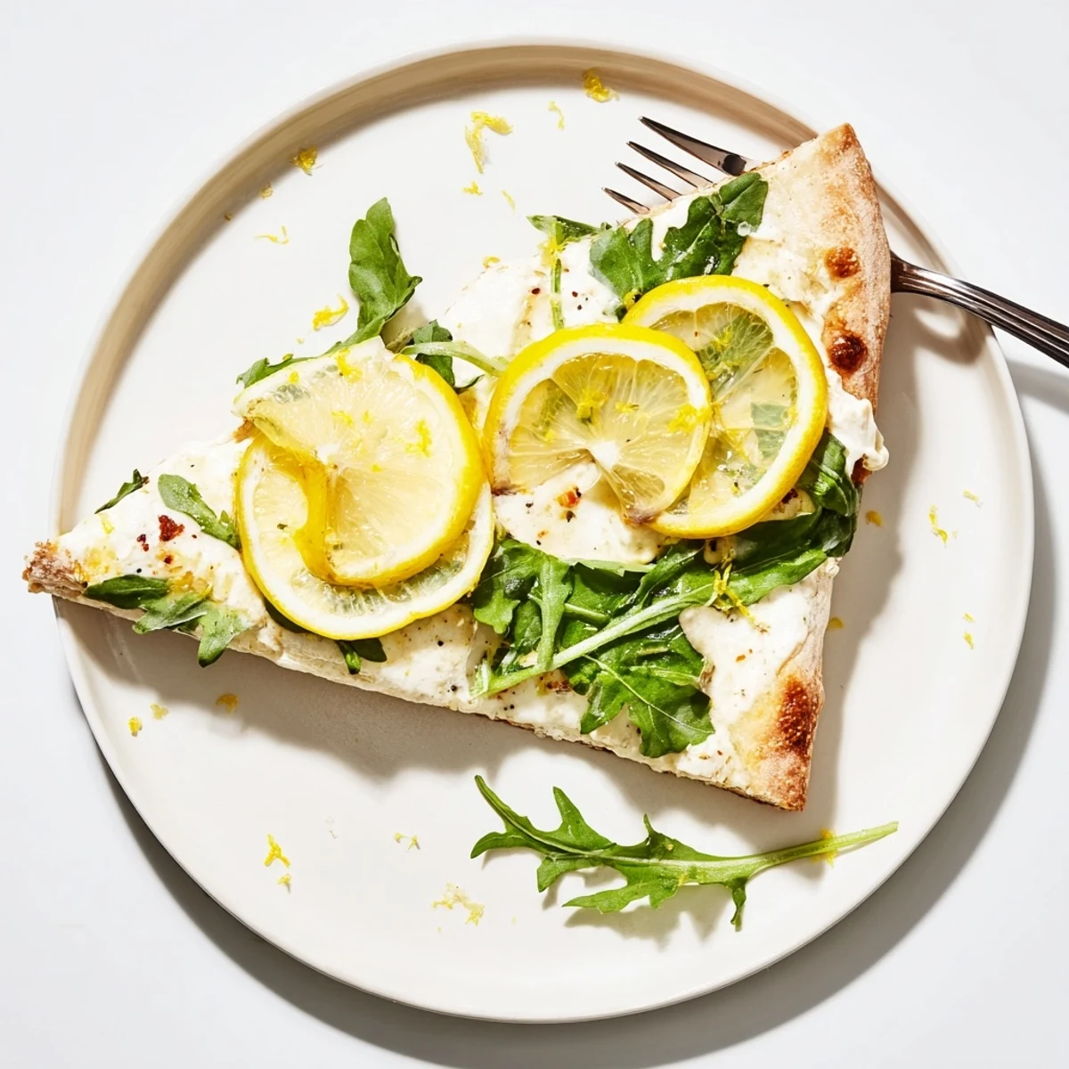 Slices of cheesy vegetarian pizza with tangy lemon and red pepper flakes on a wooden board