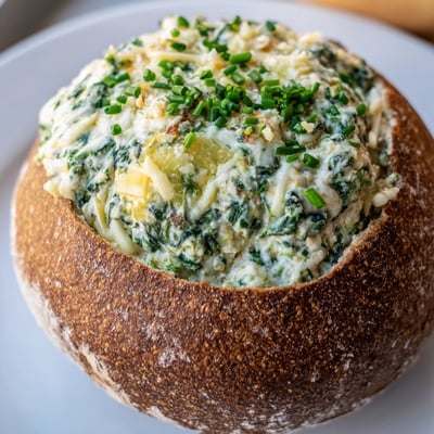 Spinach dip served from a crusty sourdough bread bowl, alongside colorful vegetable crudités and crackers for dipping.
