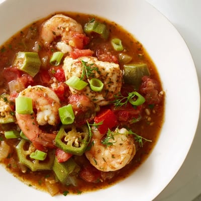 A hearty serving of Seafood Gumbo with Okra and Tomatoes ladled over fluffy white rice, garnished with fresh parsley and green onions.