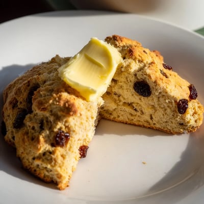 Golden-brown Irish Soda Bread Scones, dotted with raisins, cooling on a wire rack ready for breakfast.