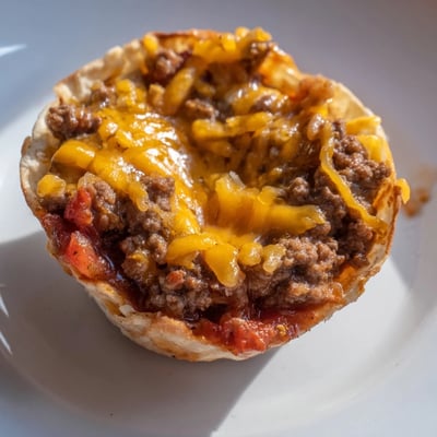 Hearty taco cups filled with savory seasoned ground beef and melty cheddar cheese, perfect for a game day snack.  