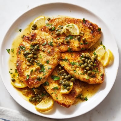 Tender chicken cutlets smothered in lemon-caper sauce ready to serve over pasta or mashed potatoes.  