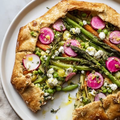 Freshly baked Spring Vegetable Galette with Goat Cheese on a wooden board, surrounded by vibrant spring vegetables and a sprig of thyme.