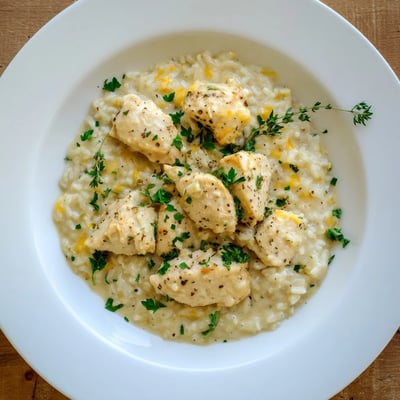 One-pan smothered chicken and rice dish bubbling with rich cream sauce and herbs