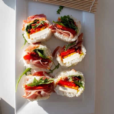 Close-up shot of fusion sushi featuring sun-dried tomatoes, arugula, and creamy mozzarella wrapped in nori with balsamic glaze