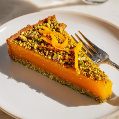 Golden pistachio crusted tart topped with chopped nuts and fresh orange zest strips