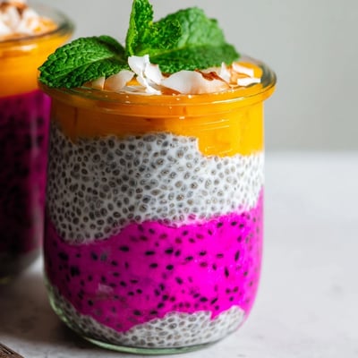 Vibrant breakfast parfait featuring sweet mango puree and bright pink dragon fruit layered over white chia seeds