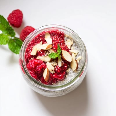 Creamy vegan chia pudding topped with fresh raspberries and maple raspberry swirl