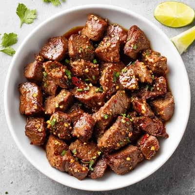 Grilled Sweet Spicy Jerk Style Beef Bites with cilantro, smoky char, party-ready