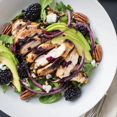 Bright Sweet Tangy Blackberry Chicken Salad drizzled with glossy blackberry vinaigrette, toasted pecans