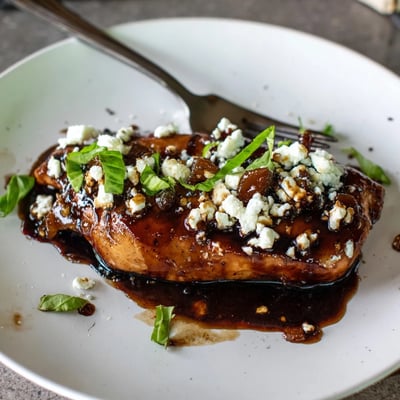 Roasted Sweet Tangy Balsamic Chicken with Goat Cheese & Basil, juicy breasts