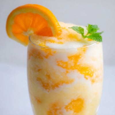 Thick creamy orange cream slush with visible ice crystals served in tall chilled glasses with mint sprig