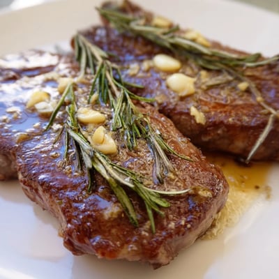 Juicy pan-seared garlic butter steak resting on a white plate with melted herb butter dripping
