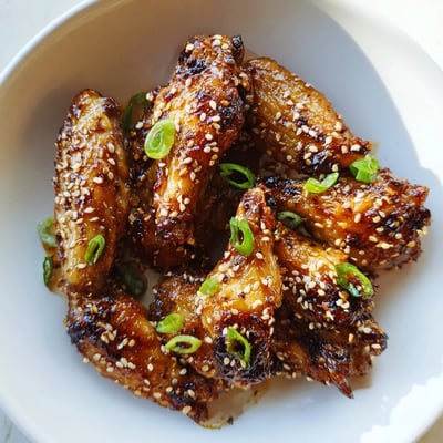 Caramelized miso honey marinated chicken wings stacked on a platter with green onions