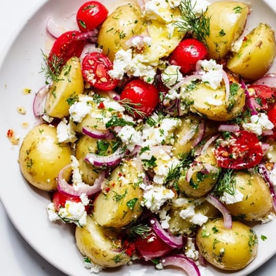 Bowl of potato and feta salad with cherry tomatoes and red onion