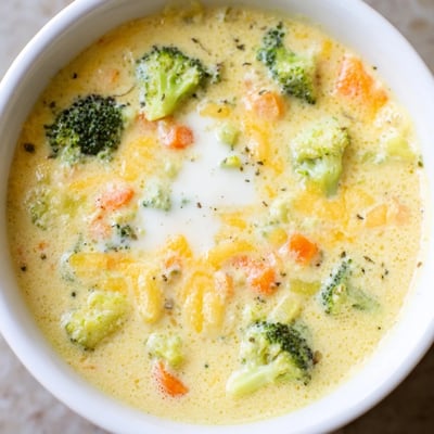 Thick slow cooker broccoli cheese soup topped with shredded cheddar and croutons